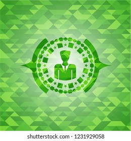 businessman icon inside green emblem. Mosaic background
