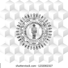 businessman icon inside grey emblem. Retro with geometric cube white background