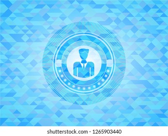 businessman icon inside light blue emblem with mosaic ecological style background