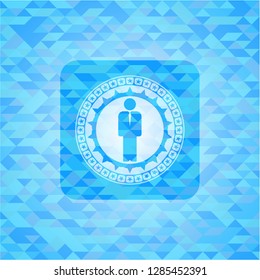 businessman icon inside light blue emblem with mosaic ecological style background