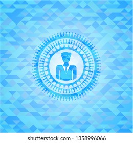 businessman icon inside light blue emblem with triangle mosaic background