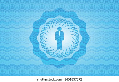 businessman icon inside light blue water style badge.
