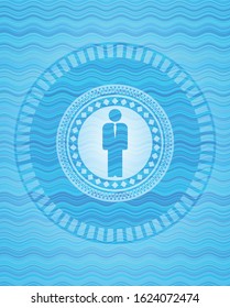 businessman icon inside light blue water badge.