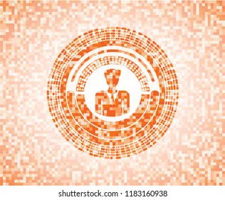 businessman icon inside orange mosaic emblem