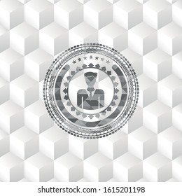 businessman icon inside realistic grey emblem with geometric cube white background