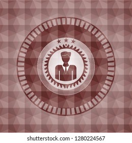 businessman icon inside red seamless emblem or badge with geometric pattern background.
