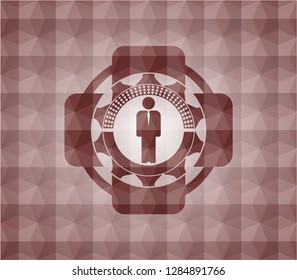 businessman icon inside red seamless geometric emblem.