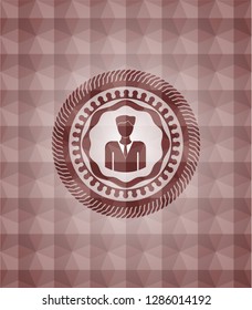 businessman icon inside red seamless emblem or badge with abstract geometric polygonal pattern background.