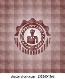 businessman icon inside red seamless badge with geometric background.