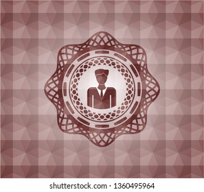 businessman icon inside red seamless geometric pattern emblem. Seamless.