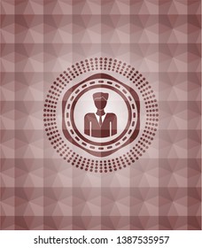 businessman icon inside red seamless emblem or badge with abstract geometric polygonal pattern background.