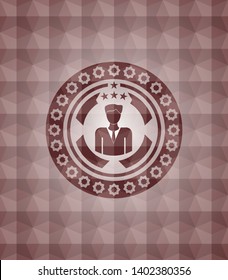 businessman icon inside red seamless emblem with geometric pattern.