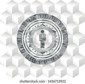 businessman icon inside retro style grey emblem with geometric cube white background