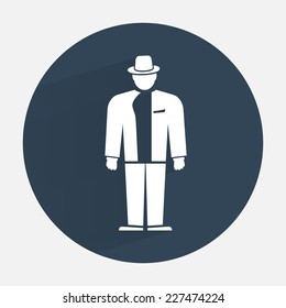 Businessman icon. Mafia gangster silhouette symbol. Standing men in suit with hat silhouette. Round dark gray circle flat icon with long shadow. Vector isolated