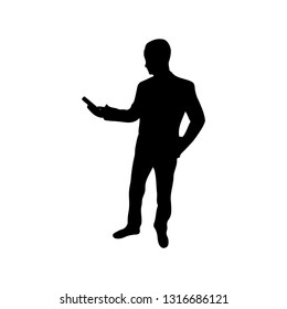 Businessman icon. man with mobile phone silhouette. Businessman in suit, isolated vector silhouette 