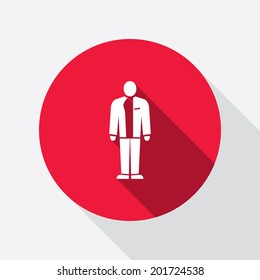 Businessman icon. Man in suit silhouette symbol. Round red circle flat icon with long shadow. Vector