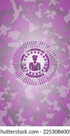 businessman icon on pink and purple camouflaged pattern. 