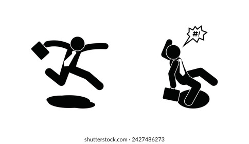 businessman icon, overcoming obstacles and falling, stick figure man icon