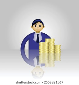 businessman icon, a person in formal clothes and a stack of coins, suitable for use in financial reports, business, applications, websites, and etc