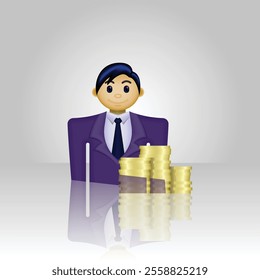 businessman icon, a person in formal clothes and a stack of coins, suitable for use in financial reports, business, applications, websites, and etc