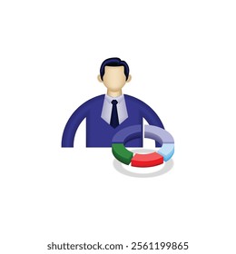 businessman icon, a person wearing formal clothes and a pie chart, an illustration of a financial report, suitable for business, website, employee, financial report, and etc