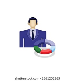 businessman icon, a person wearing formal clothes and a pie chart, an illustration of a financial report, suitable for business, website, employee, financial report, and etc