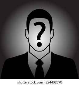 Icono de hombre de negocios con signo de interrogación en la cara - concepto sospechoso
