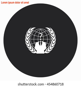 Businessman icon with question mark web icon. Gray circle button with white illustration.