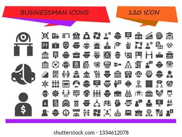 businessman icon set. 120 filled businessman icons.  Collection Of - Handgrip, Salesman, Avatar, User, Work, Desk, Bank, Budget, Teamwork, Remove user, Presentation, Briefcase
