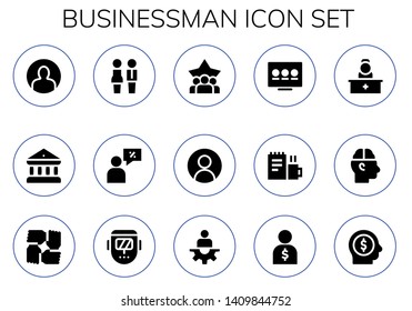 businessman icon set. 15 filled businessman icons.  Collection Of - User, Bank, Partners, Salesman, Teamwork, Presentation, Work, Reception, Human, Welder, Manager, Employee