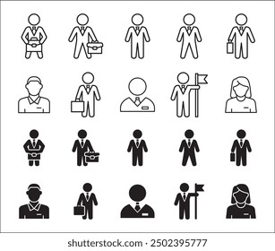 Businessman icon set. Business woman icons. User icon. Professional company person or worker symbol. Entrepreneur symbol. Vector stock icons set in thin line style.