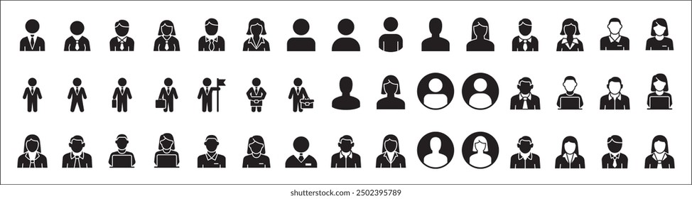 Businessman icon set. Business woman icons. User icon. Professional company person or worker symbol. Anonymous profile sign. Vector stock icons set in flat solid style.