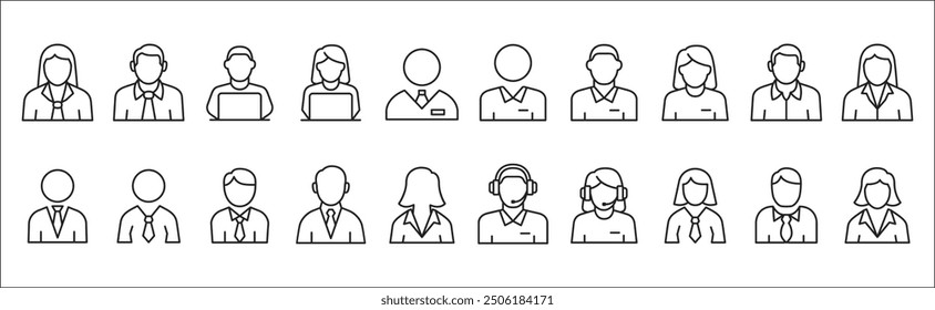 Businessman icon set. Business woman icons. User icon. Professional company person or worker symbol. Anonymous profile sign. customer service symbols. Vector stock icons set in thin line style.