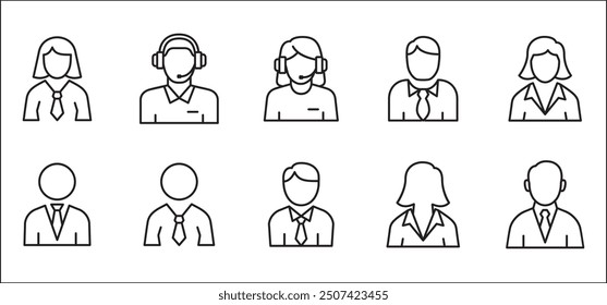 Businessman icon set. Business woman icons. User icon. Professional company person or worker symbol. Anonymous profile sign. customer service symbols. Vector stock icons set in thin line style.