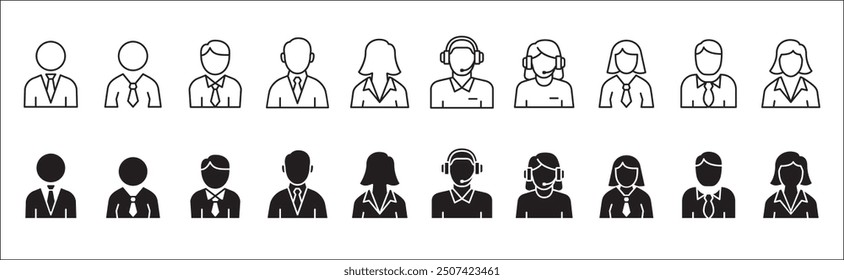 Businessman icon set. Business woman icons. User icon. Professional company person or worker symbol. Anonymous profile sign. customer service symbols. Vector stock icons set in thin line style.