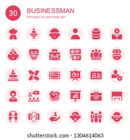 businessman icon set. Collection of 30 filled businessman icons included Bust, Curriculum, Avatar, User, Training, Anonymous, Briefcase, Teamwork, Team, Conference, Whiteboard