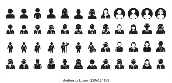 Conjunto de iconos de hombre de negocios colección. Iconos de mujer de negocios. Icono de usuario. Profesional persona de la empresa, trabajador, empresario símbolo. Signo de perfil anónimo. Iconos de stock de Vector fijados en estilo sólido plano.