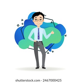 Businessman icon set. Young manager showing attention gesture, thumb up, drinking coffee, holding contract. Business concept. Vector illustration can be used for topics like occupation, job, success