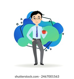 Businessman icon set. Young manager showing attention gesture, thumb up, drinking coffee, holding contract. Business concept. Vector illustration can be used for topics like occupation, job, success