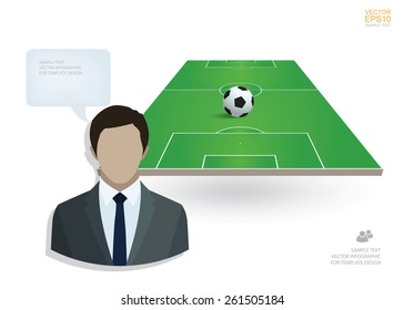 Businessman icon with soccer field background for soccer game plan. Vector illustration.