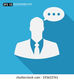Businessman icon with speech bubble on blue background