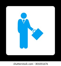 Businessman icon. This flat rounded square button uses blue and white colors and isolated on a black background.