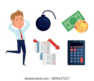 businessman and icons of bankruptcy financial crisis vector illustration design