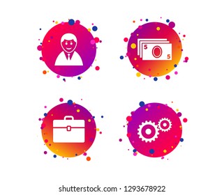 Businessman icons. Human silhouette and cash money signs. Case and gear symbols. Gradient circle buttons with icons. Random dots design. Vector