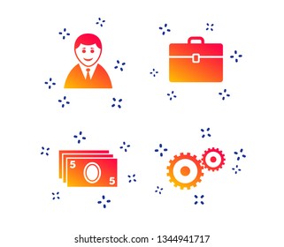 Businessman icons. Human silhouette and cash money signs. Case and gear symbols. Random dynamic shapes. Gradient business icon. Vector