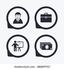 Businessman icons. Human silhouette and cash money signs. Case and presentation symbols. Flat icon pointers.