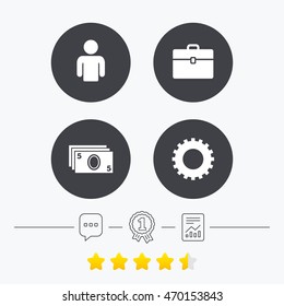 Businessman icons. Human silhouette and cash money signs. Case and gear symbols. Chat, award medal and report linear icons. Star vote ranking. Vector