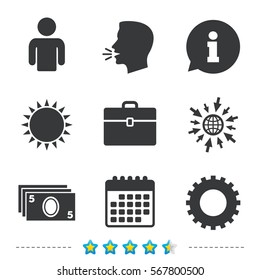 Businessman icons. Human silhouette and cash money signs. Case and gear symbols. Information, go to web and calendar icons. Sun and loud speak symbol. Vector