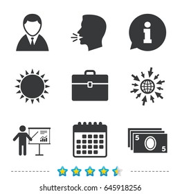 Businessman icons. Human silhouette and cash money signs. Case and presentation with chart symbols. Information, go to web and calendar icons. Sun and loud speak symbol. Vector