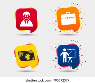 Businessman icons. Human silhouette and cash money signs. Case and presentation symbols. Speech bubbles or chat symbols. Colored elements. Vector